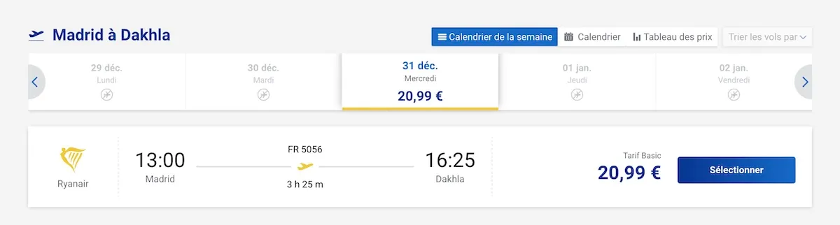 Vuelo entre Madrid y Dajla el 31 de diciembre, con Ryanair.